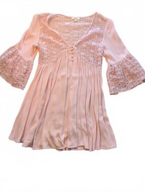 KORI Pink Lace Detail Bell Sleeve Dress Size S